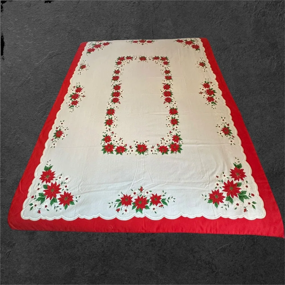 Vintage‎ Christmas Tablecloth 78x60 Red White Poinsettia Print Holiday Rectangle
